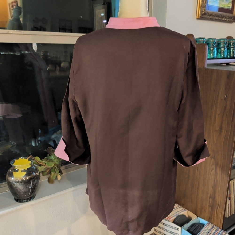 NWT Bob Macke Floral Embroidered Pink and Brown Women's Button Up Blouse Size L - Picture 3 of 8